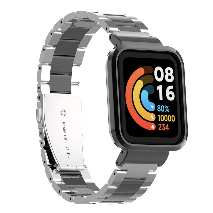 Xiaomi Redmi Watch (Mi Watch Lite) Uyumlu Metal Kordon – Gümüş-Siyah