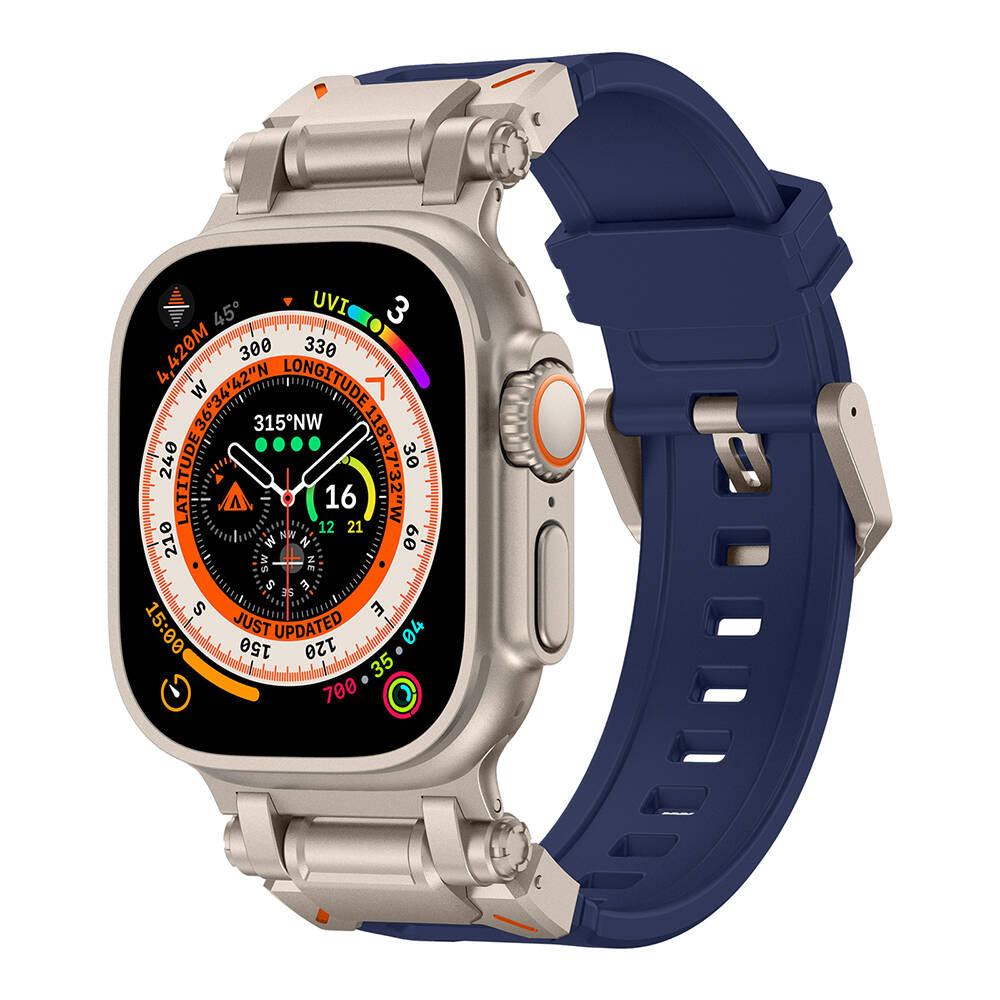 Apple Watch Uyumlu Titanyum Metal Başlıklı Silikon Kordon – Mavi-Titanyum