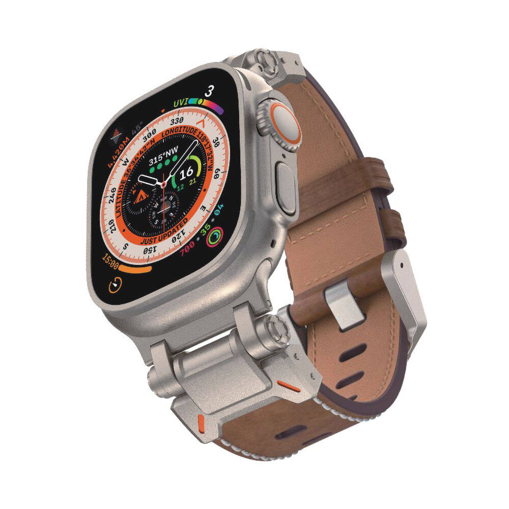 Apple Watch Uyumlu Metal Başlıklı Suni Deri Kordon – Açık Kahve