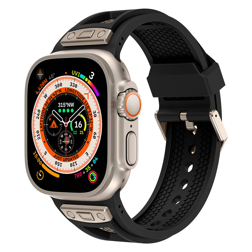 Apple Watch Uyumlu Hava Alabilen Delikli Metal Süslemeli Desenli Silikon Kordon – Titanyum-Siyah