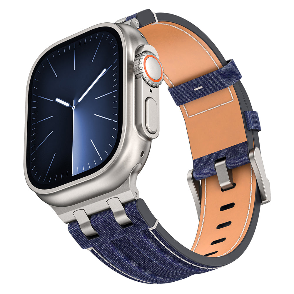 Apple Watch Uyumlu Kot Kumaş Tasarımlı Kordon – Gümüş-Mavi